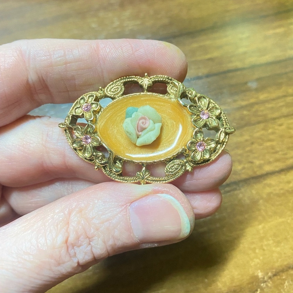 Vintage 1928 Gold Floral Brooch With Pink Rhinestones